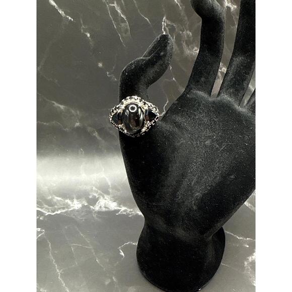 Vintage STS 925 Sterling Silver Obsidian Black Cocktail Ring Sz 8